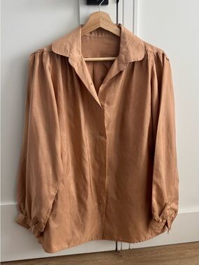 Button-Down Semi-Satin Blouse in Light Brown - Classic Collared Top